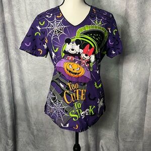 Disney Mickey & Minnie Mouse Halloween Too Cute To Spook Purple Scrubbing Top